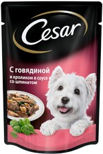 Корм консервированный для взрослых собак CESAR с говядиной, кроликом в соусе со шпинатом, для всех пород, 85г Россия, 85 г