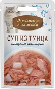 Корм для кошек ДЕРЕВЕНСКИЕ ЛАКОМСТВА Суп из тунца с кальмаром и макрелью, 35г