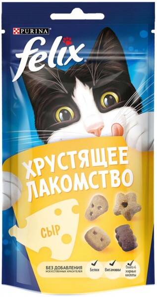 FELIX Хрустящее Лакомство. Корм сухой неполнорационный для взрослых кошек, со вкусом сыра, Пауч, 60 г