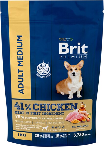 Корм сухой для взрослых собак BRIT Premium Adult M для средних пород, 1кг Россия, 1 кг