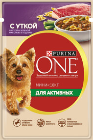 Purina one Mini Корм для активных собак утка/паста/фасоль