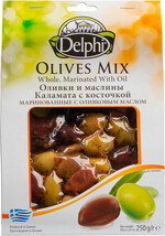Оливки и маслины Delphi Каламата с косточкой маринованные с оливковым маслом, 250 гр., картон