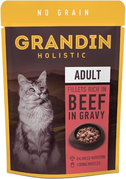 Влажный корм для взрослых кошек, кусочки с говядиной в соусе без злаков, 85г