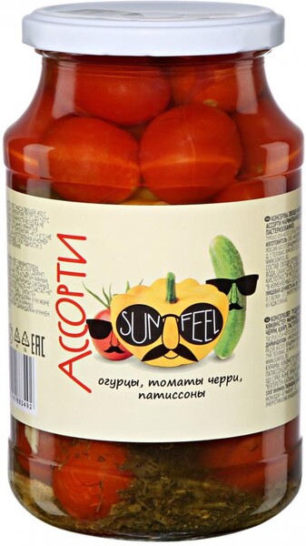 Ассорти SunFeel огурцы томаты черри и патиссоны маринованное 900 г