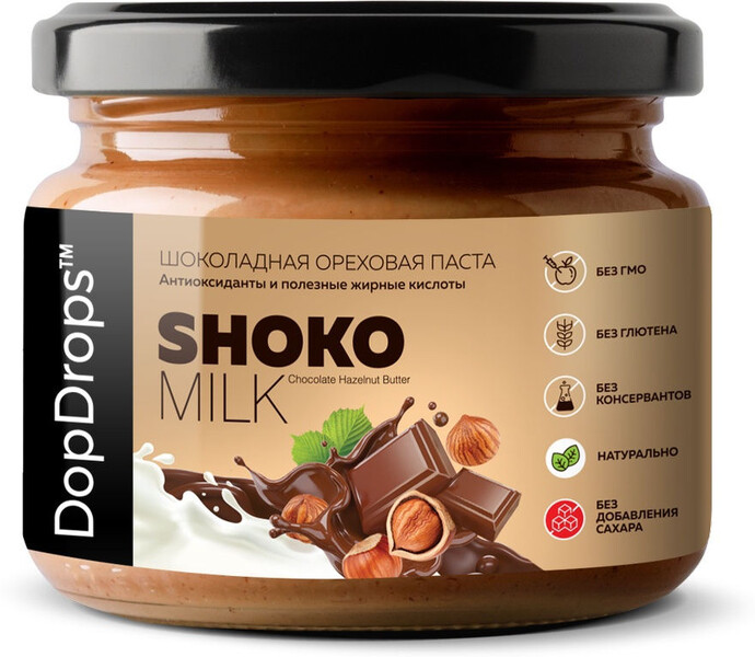 Шоколадно-ореховая паста SHOKO MILK с лесным орехом без сахара, 250г