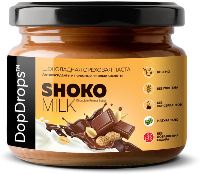 Шоколадно-ореховая паста SHOKO MILK с арахисом без сахара, 250г