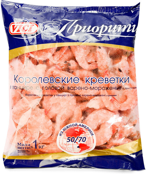 Креветки Королевские Vici Приорити варено-мороженые неразделанные с пряностями 50/70 1 кг