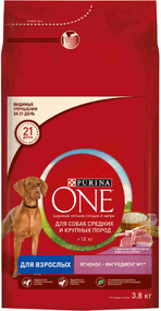 Purina ONE для взрослых собак средних и крупных пород, с высоким содержанием ЯГНЕНКА И С РИСОМ, 3.8 кг