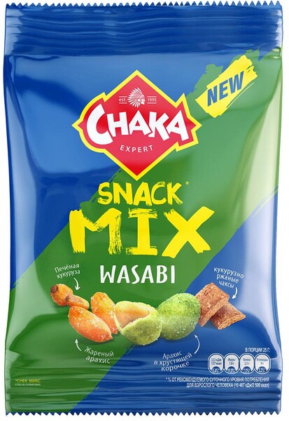 Смесь Chaka Snack Mix Wasabi из обжаренного арахиса, кукурузы и кукурузно-ржаных чаксов 50г
