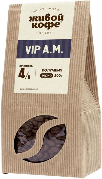 Живой Кофе Espresso VIP A.M. кофе в зернах, 200 г