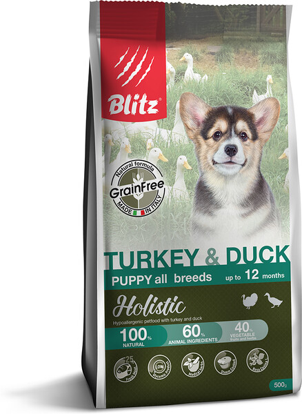 Корм для щенков BLITZ Holistic беззерновой индейка, утка сух. 500г