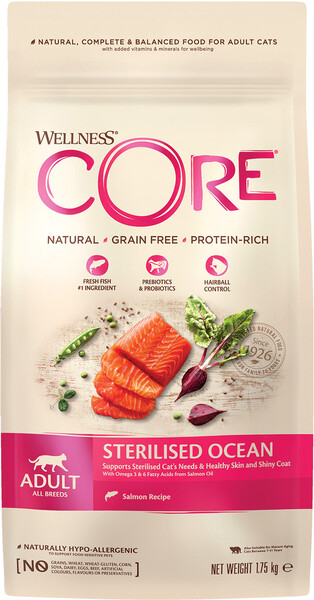Корм для кошек WELLNESS Core Sterilised беззерновой для кастрир.котов и кошек лосось сух. 1,75кг