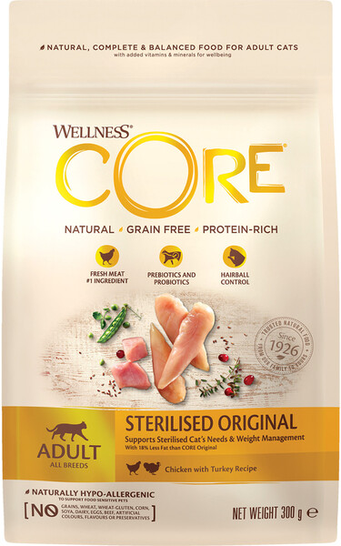 Корм для кошек WELLNESS Core Sterilised беззерновой, для кастрир.котов курица, индейка сух. 300г