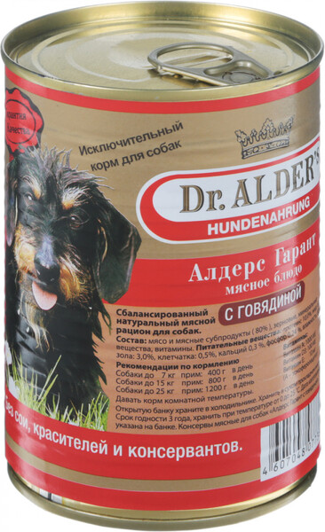 Корм для собак DR. ALDER`S Алдерс Гарант 80%рубленного мяса Говядина конс. 410г