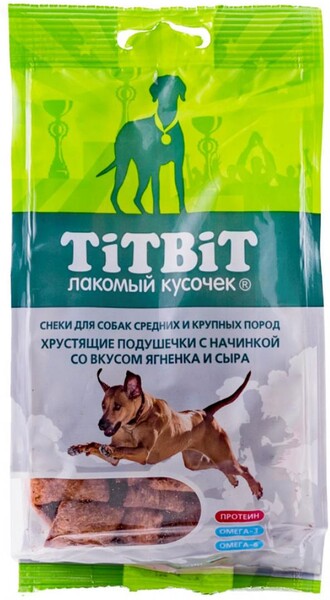 Лакомство для собак TiTBiT хрустящие подушечки с начинкой Вкус ягненк и сыр, 95 г