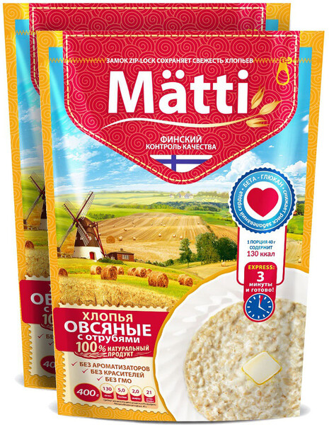  Хлопья Matti овсяные с отрубями, 400 г 