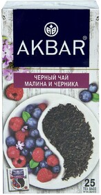Чай черный с малиной и черникой, 25 пакетиков по 1,5 гр., Akbar, 37,5 гр., картон