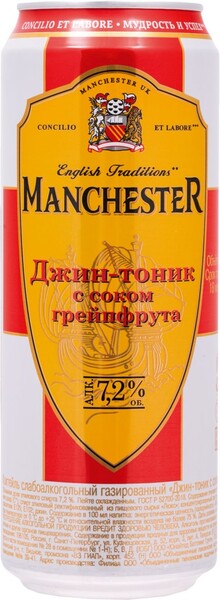 Напиток слабоалкогольный MANCHESTER Джин-тоник с соком грейпфрута, 7,2%, ж/б, 0.45л Россия, 0.45 L