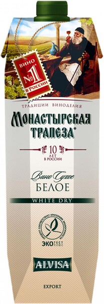 Вино Монастырская трапеза белое сухое 12 % алк., Россия, 1 л