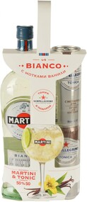 Промо-набор: Напиток виноградосодержащий MARTINI Bianco cладкий, 1л + Тоник SANPELLEGRINO, 2x0.33л Италия, 1 L
