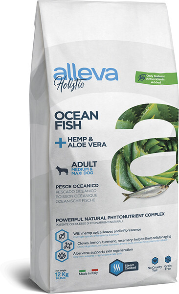 Корм для собак ALLEVA Holistic для ср. и крупных пород, океан.рыба с коноплей и алое вера сух. 12кг