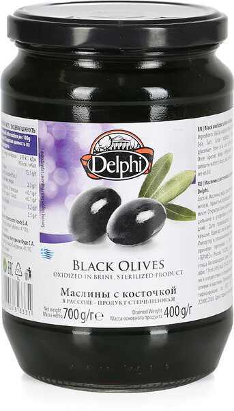 Маслины Delphi с косточкой в рассоле, 700 гр., стекло