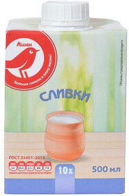 Сливки Auchan Красная птица 10%, 500 мл