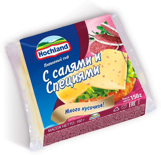 Сыр Hochland плавленый тостовый с салями и специями 45% (8 ломтиков, 150 г)