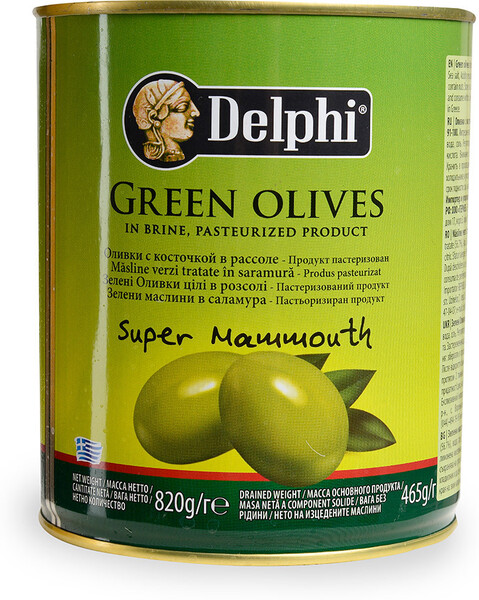 Оливки Delphi Super Mammouth с косточкой в рассоле 820 г
