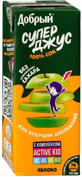 Сок Добрый яблочный Active kid обогащенный витаминным комплексом 0.2 л