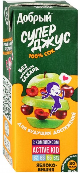 Сок Добрый из яблок и вишни Active kid обогащенный витаминным комплексом 0.2 л