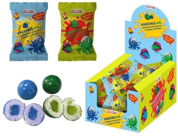 Жевательная резинка с жидким центром 2 вкуса в дисплее, Конфитой Раскрась-ка, 7 гр., флоу-пак