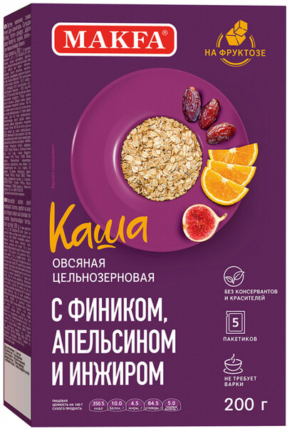 Каша овсяная Makfa цельнозерновая быстрорастворимая с фиником, апельсином и инжиром 200 г