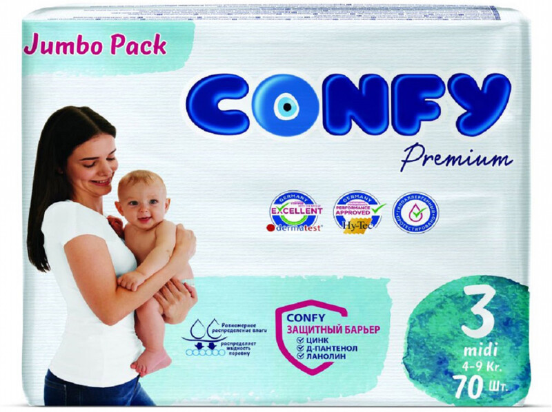 Подгузники детские CONFY Premium Midi, размер 3 (4-9 кг), Jumbo упаковка (70 шт.)