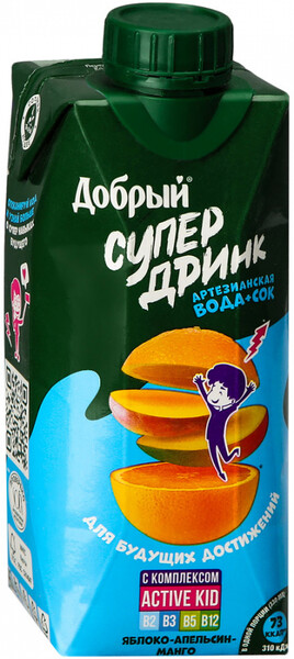 Напиток сокосодержащий ДОБРЫЙ Active kid Супер Дринк Яблоко, апельсин, манго, 0.33л Россия, 0.33 L