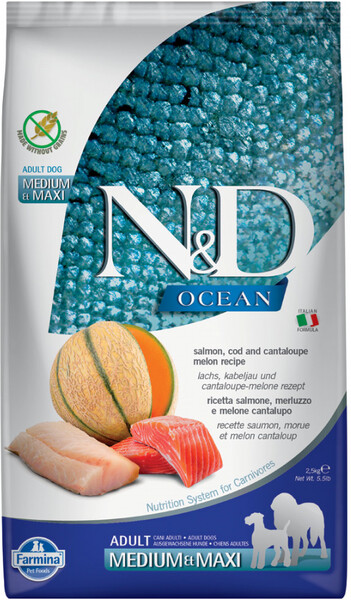 Корм сухой Farmina N&D Dog Ocean с лососем треской и дыней для взрослых собак средних и крупных пород 2.5 кг