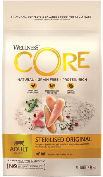 Корм для кошек WELLNESS Core для стерилизованных и кастрированных, курица с индейкой сух. 4кг