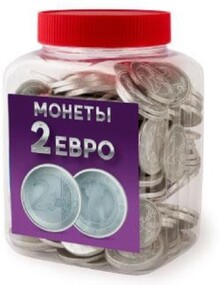 Кондитерские изделия Сладкая сказка Сладкие сувениры МОНЕТЫ 2 ЕВРО серебром 4 гр.*220 шт, пластик.банка (6) (CM-4-5)
