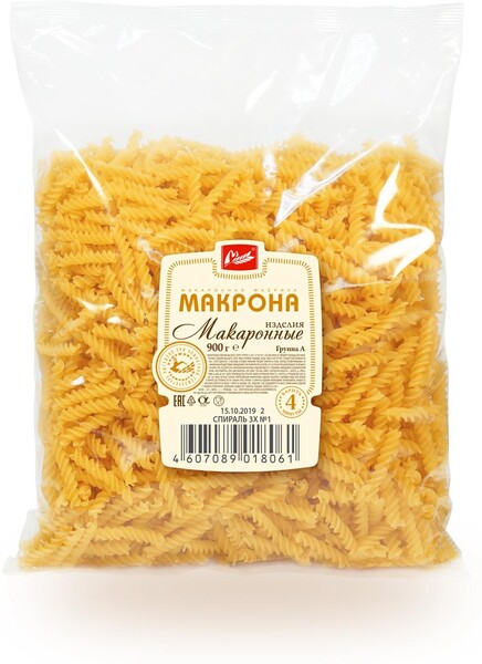 Макароны Макрона Спираль №1, 900 гр., флоу-пак