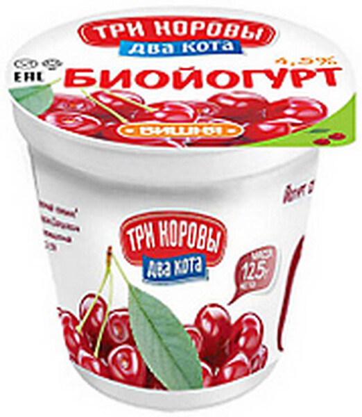 Биойогурт ТРИ КОРОВЫ ДВА КОТА с фруктово-ягодным наполнителем клубника 4,5% ст. без змж 125г