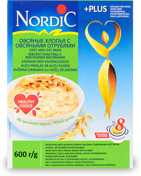 Хлопья Nordic овсяные с овсяными отрубями, 600г