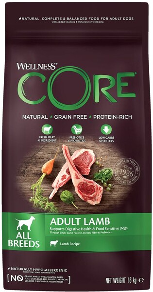 Корм для собак WELLNESS Core для всех пород, из ягненка с яблоком 1,8 кг