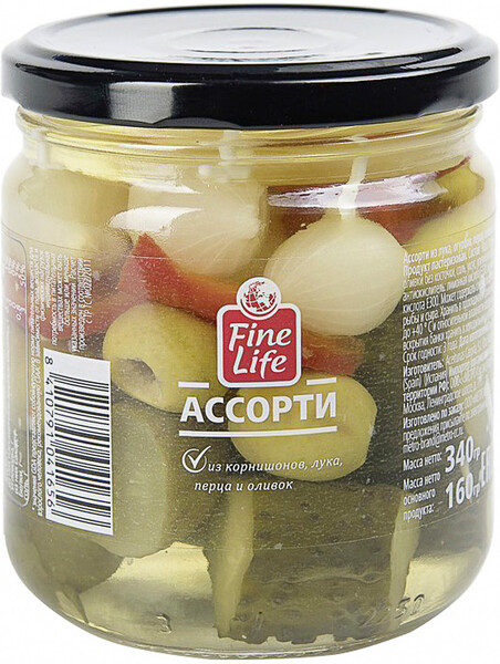Ассорти Fine Life из корнишонов лука перца и оливок 340 г