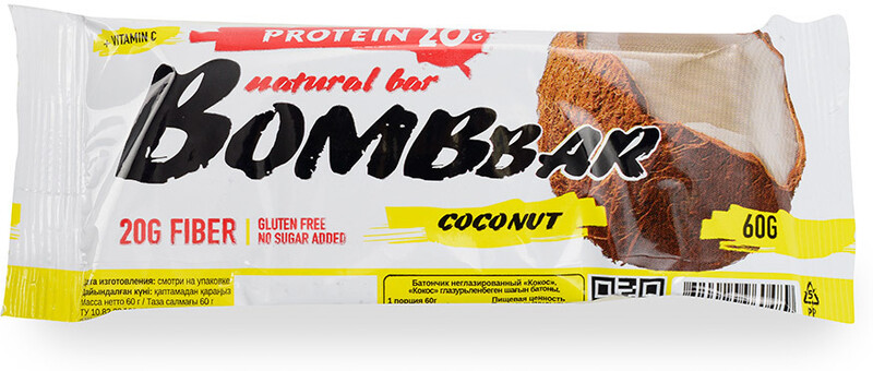 Батончик Bombbar неглазированный кокос 60гр