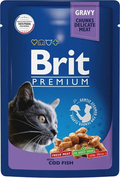 Влажный корм для взрослых кошек Brit Premium с треской в соусе 85г