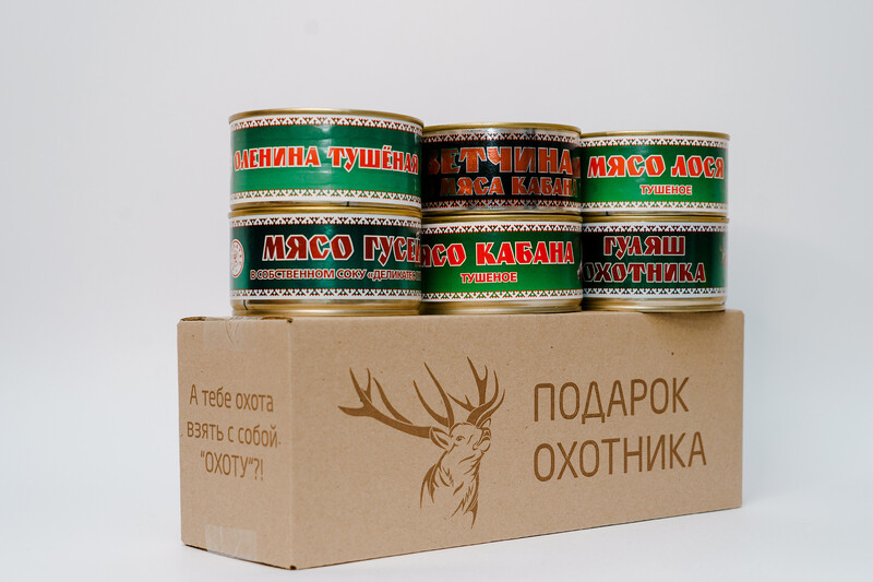 Подарок охотника Балтийская Охота набор 6 штук по 325 г: мясо оленя, мясо косули, кабана, утки, ветчина из кабана, гуляш охотника, консервы мясные, тушёнка 