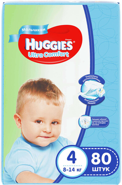 Подгузники Huggies Ultra Comfort для мальчиков 4 (8-14 кг), 80 шт