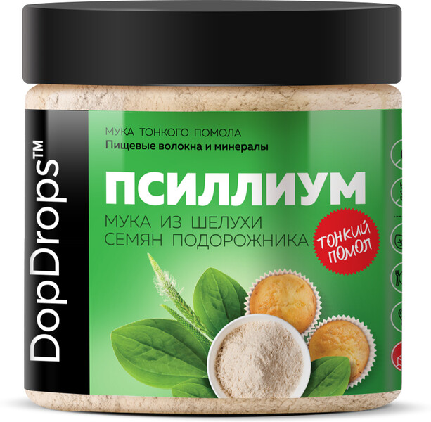 Мука Псиллиум (Psyllium) DopDrops натуральная тонкого помола из шелухи семян подорожника, без глютена, 400 г