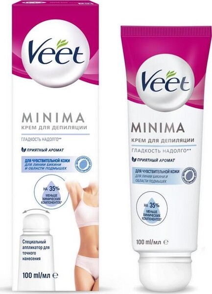 Veet Minima Крем для депиляции, для чувствительной кожи зоны бикини и подмышек с аппликатором, 100 мл