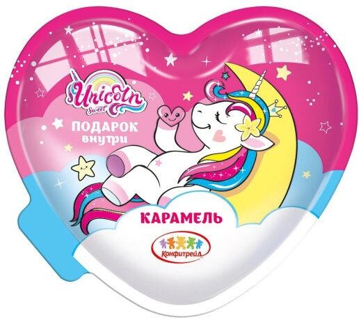 Карамель Конфитрейд, Unicorn с подарком в пластиковом сердце, 15 гр., пластиковая упаковка
